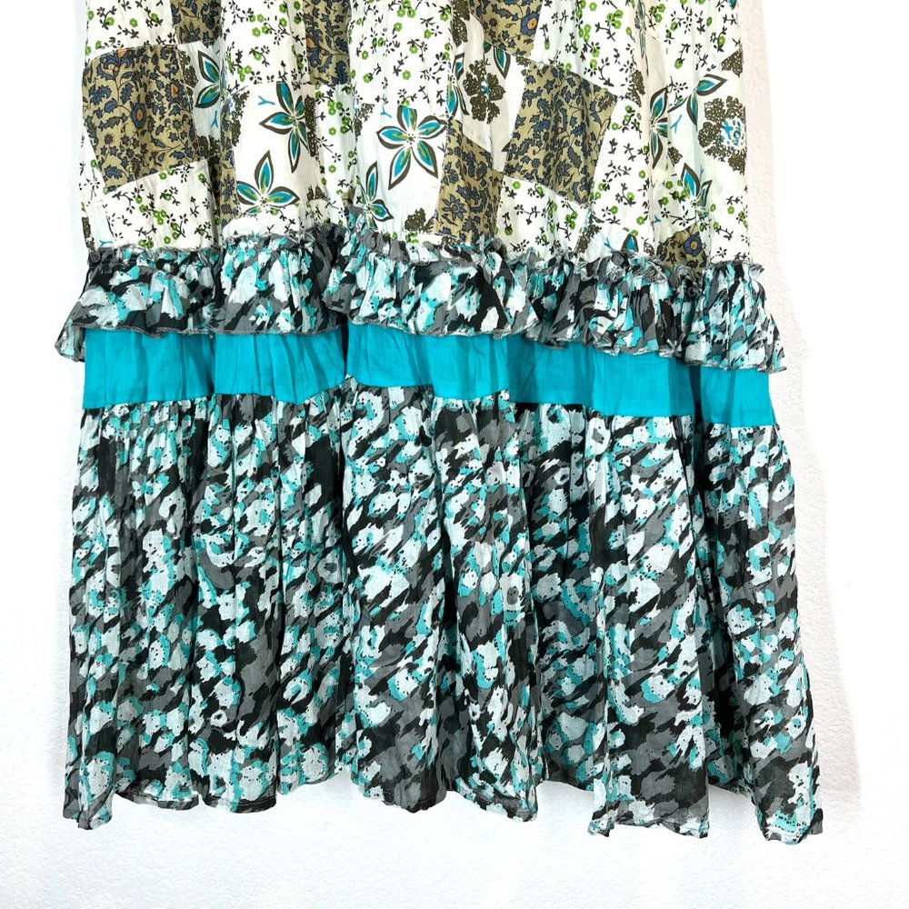 Anthropologie Floral Patchwork Maxi Skirt Ruffle Cotton Blue Motif Modified - Picture 5 of 12